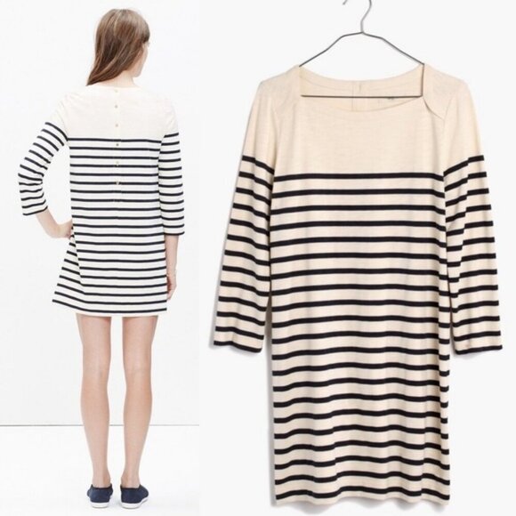 Sezane Striped Shift Dress Size Large Madewell Button Back Cream Black Mini Boho - Picture 2 of 13